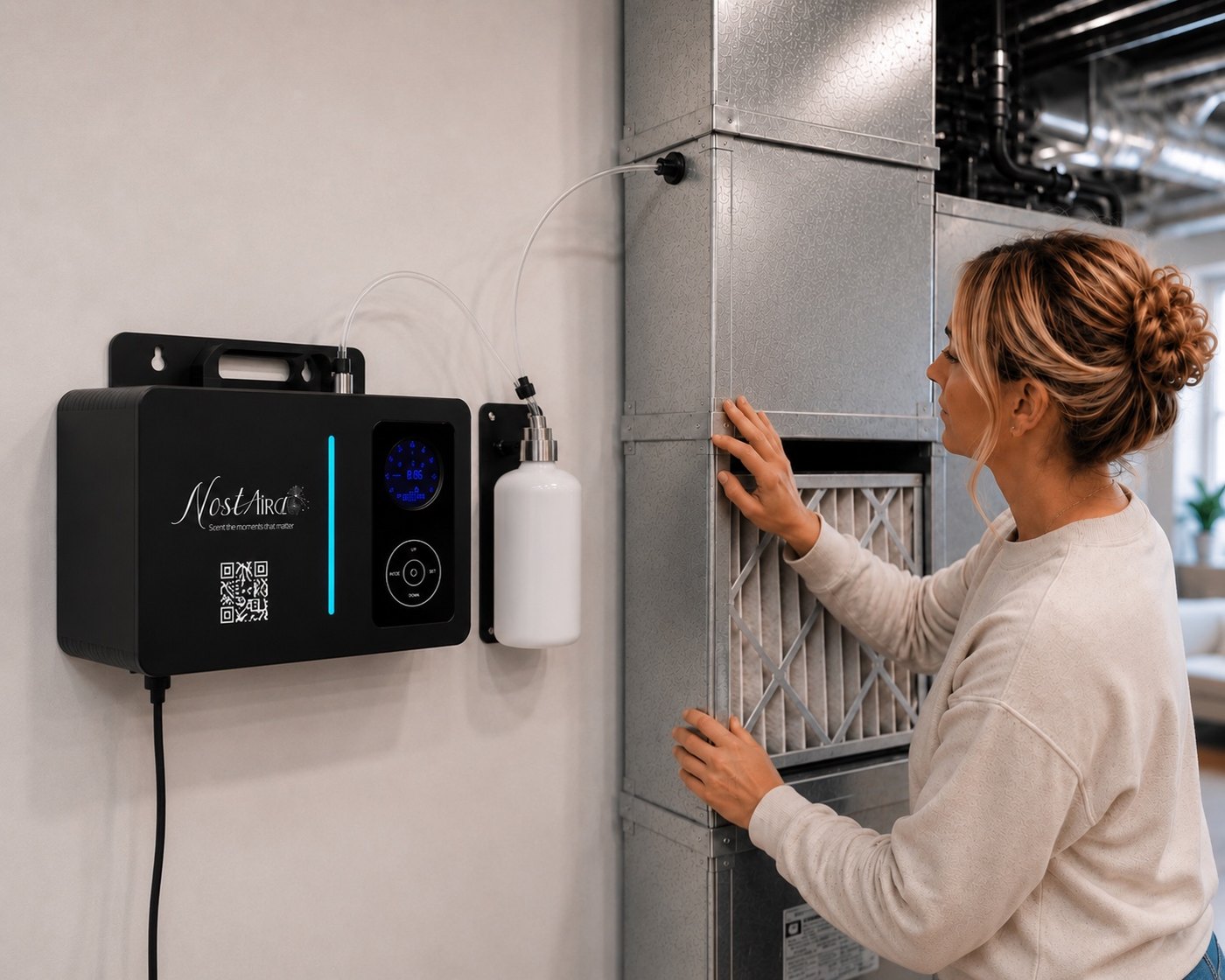 The Nostaira Scent Unit mounted beside the HVAC system, tubing into the supply duct